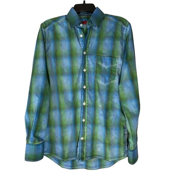 Georg Roth Shirt Mens S Plaid Ombre Flip Cuff Blue Green Button Up 100% Cotton - Picture 4 of 11